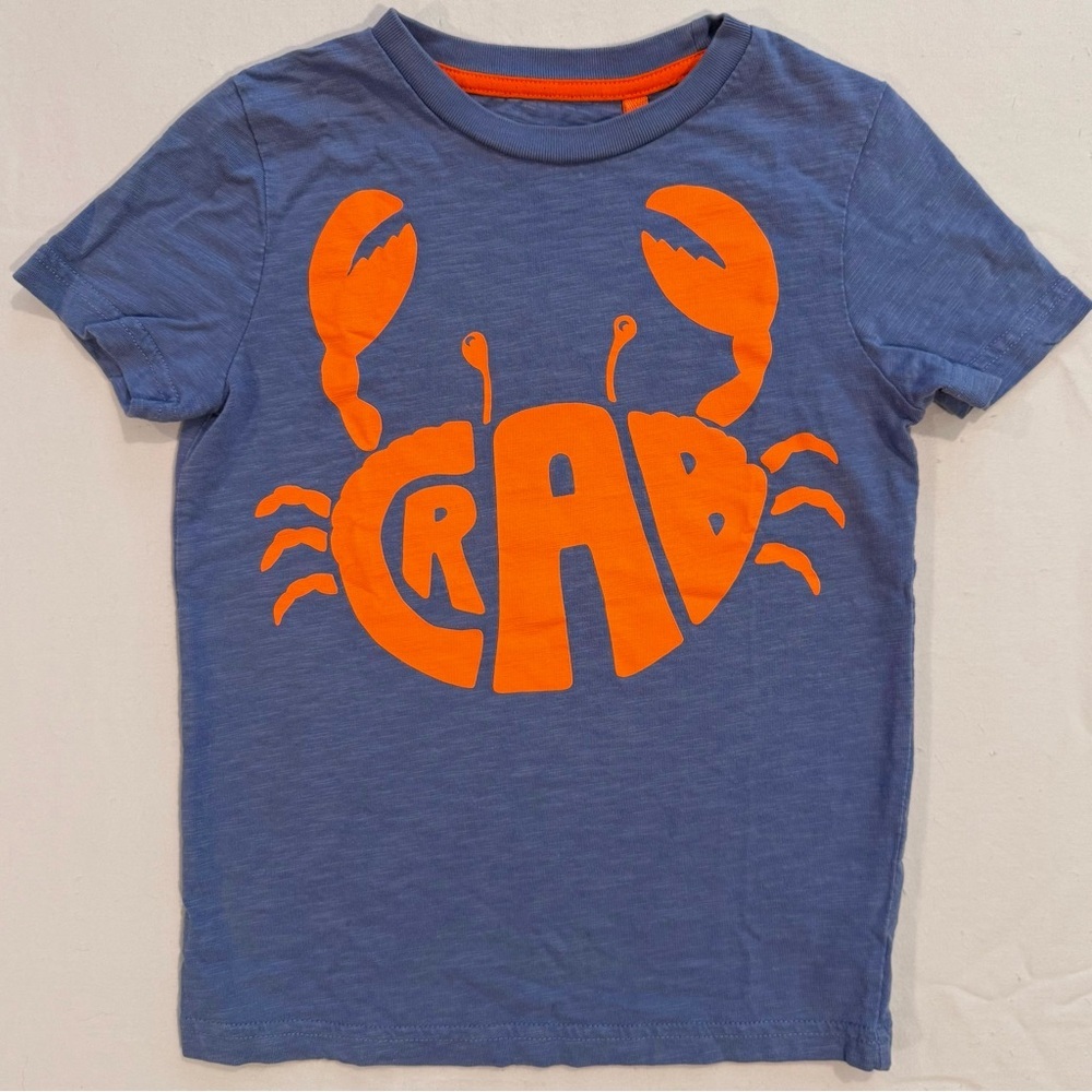 Mini Boden Crab Graphic Tee Boys 5-6 Y Slub Knit Cotton Blue Orange Summer